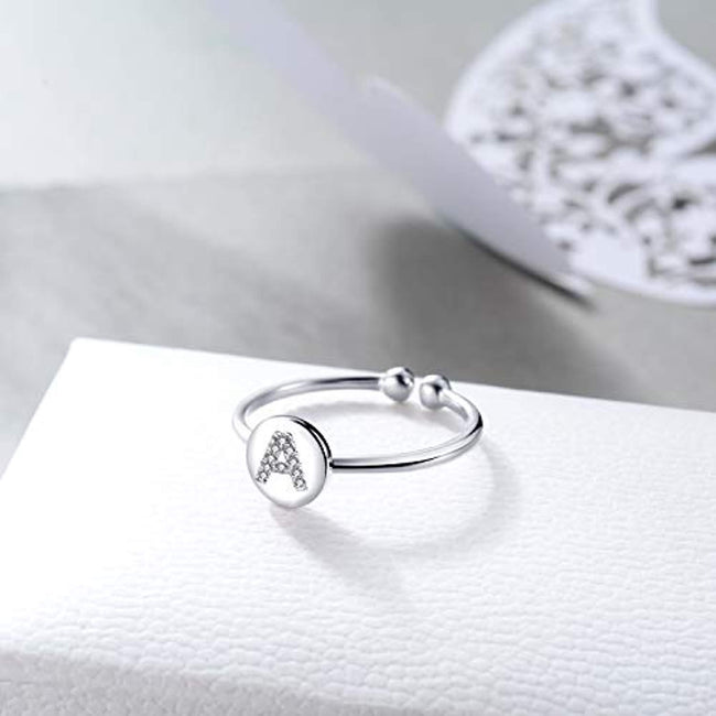 S925 Sterling Silver Cubic Zirconia 26 Initial Letters Alphabet Personalized Adjustable Ring Size for 7-8