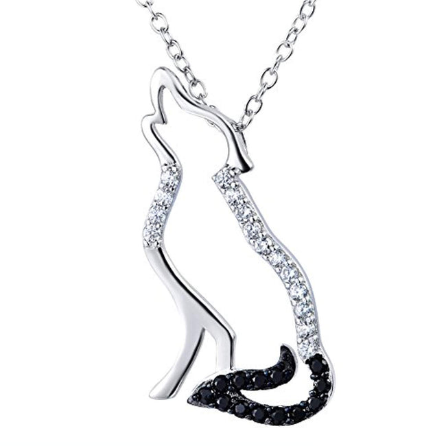 Wolf Pendant Necklace 925 Sterling Silver Cubic Zirconial Necklace 18"