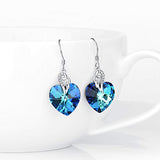 Sterling Silver Love Heart Dangle Drop Earrings with Blue Crystals
