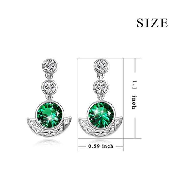 Sterling Silver Celtic Knot Drop Dangle Earrings With Simulated Emerald Green Crystal