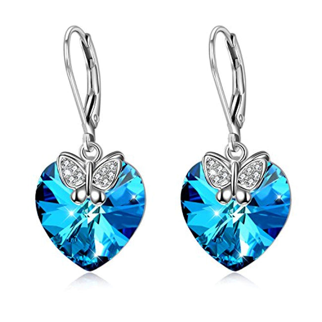 Sterling Silver Love Heart Dangle Drop Earrings with Crystals Fine Jewelry Gift
