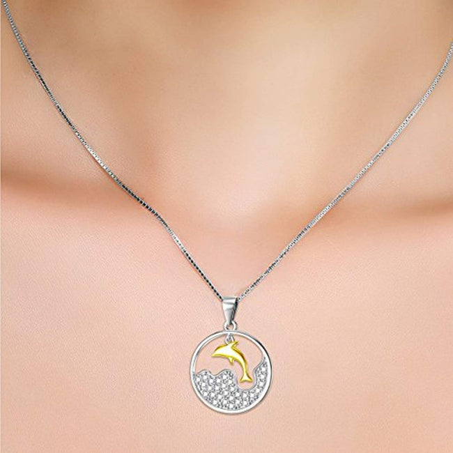 Dolphin Crystal Pendant Necklace with 18K Gold Overtone Sterling Silver,18"