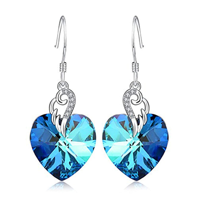 Sterling Silver Love Heart Dangle Drop Earrings with Blue Crystals