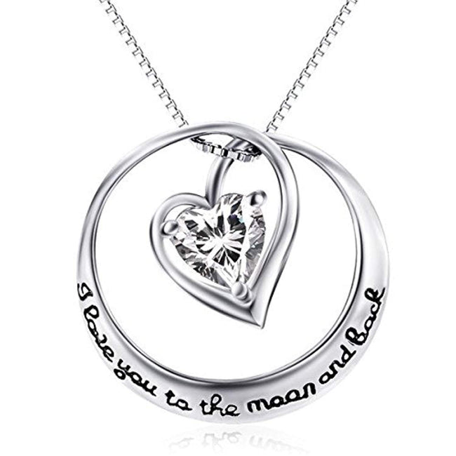 I Love You to The Moon and Back Sterling Silver Clear Crystal Infinity Heart Pendant Necklace 18"