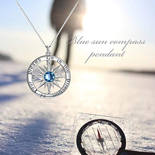 Blue Birthstone Sun Compass Necklace for Women Men Kids Go in The Direction of Your Dreams Engraved Pendant