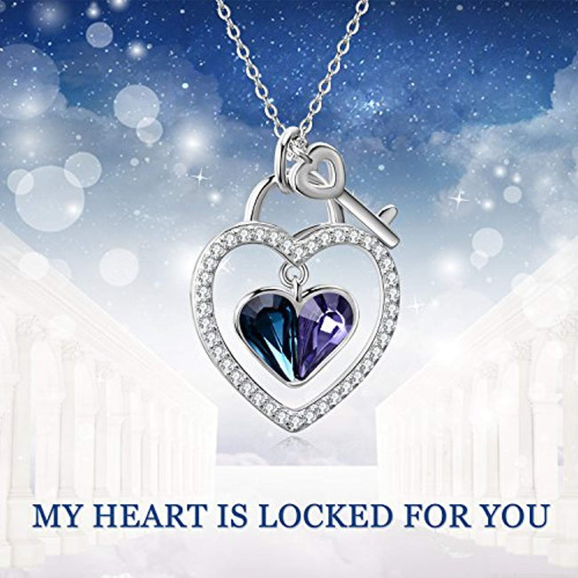Lock and Key Heart Pendant Necklace Made with Blue Purple Crystals,Love Heart Jewelry Gifts for Women Girls