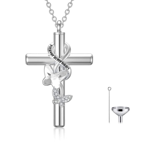 Butterfly Cross Urn Necklaces for Ashes 925 Sterling Silver Blue/Purple Crystal Butterfly Cross Necklace for Women