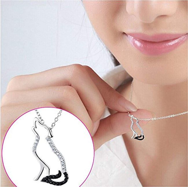 Wolf Pendant Necklace 925 Sterling Silver Cubic Zirconial Necklace 18"