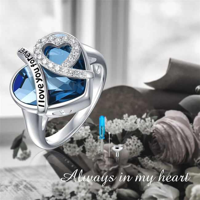 925 Sterling Silver I Love You Forever Heart Cremation Ring Holds Loved One's Ashes Heart Crystal Urn Ring for Ashes for Women