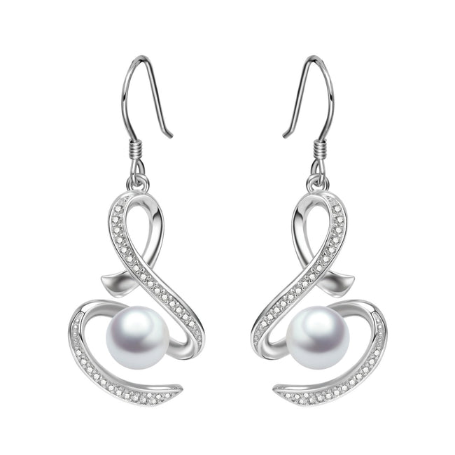 Infinity Earrings Sterling Silver Pearl Dangle Drops with Fishhook Anniversary Gifts for Women