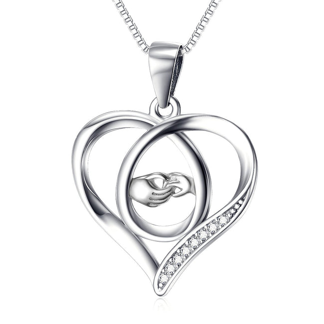 Mother and Child Hands Eternal Love Heart Sterling Silver Pendant Necklace, 18"