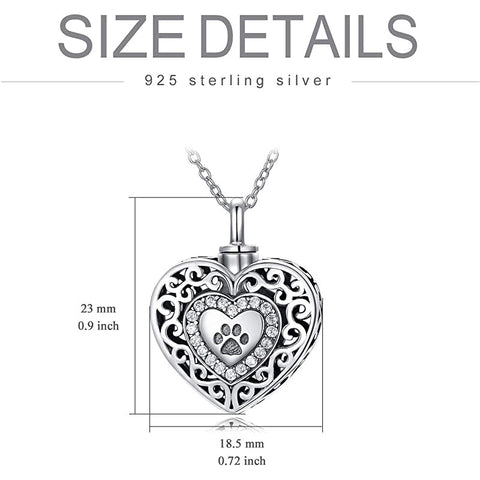925 Sterling Silver Pawprint  Heart Urn Necklaces Cremation Jewelry for Ashes Pet Ashes Necklace