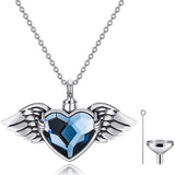 Angel Wing with Heart Urn Necklace for Ashes Sterling Silver Hold You in My Heart Cremation Memorial Keepsake Pendant with Heart Crystal