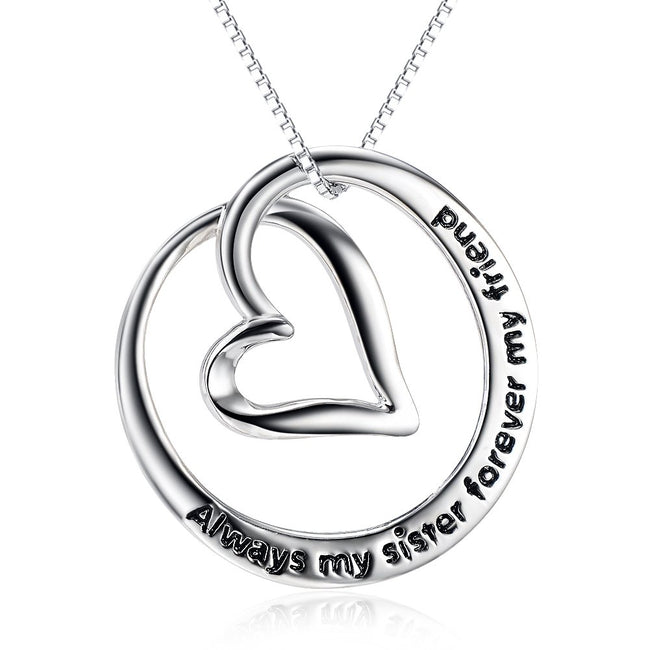 925 Sterling Silver Always My Sister Forever My Friend Love Heart Pendant Necklace18"