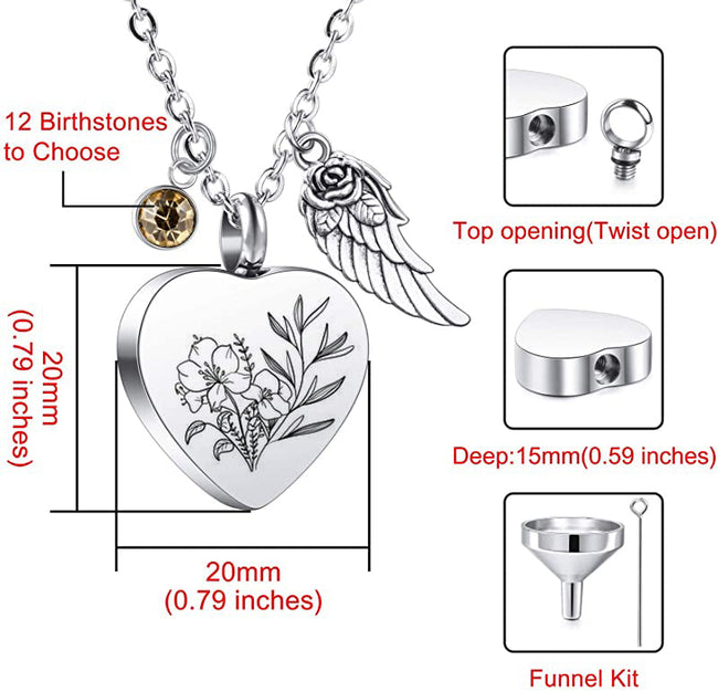 Wildflowers Urn Necklace for Ashes Sterling Silver Custom Heart-Shaped Cremation Jewelry