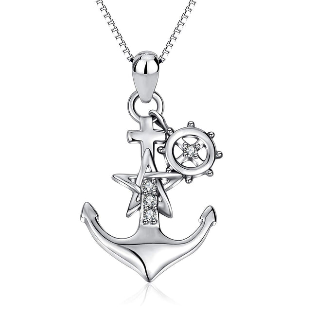 925 Sterling Silver Two-Tone Ship Anchor Rudder Pendant Necklace for Women Girls