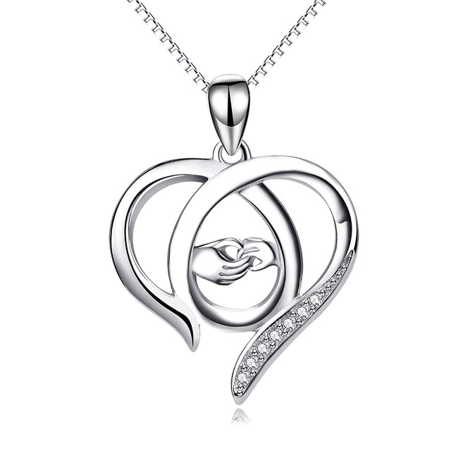 Mother and Child Hands Eternal Open Love Heart Sterling Silver Pendant Necklace, 18"