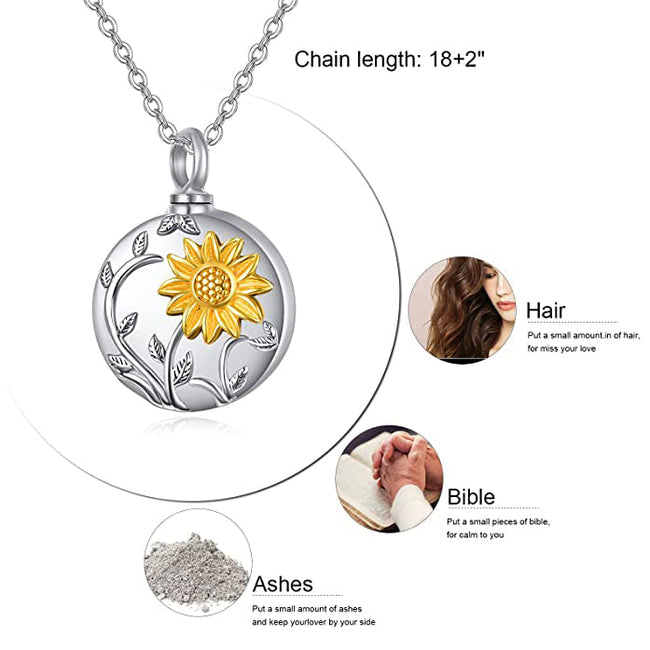 925 Sterling Silver Sunflower Urn Necklace for Ashes Cremation Jewelry for Ashes of Loved Ones Keepsake