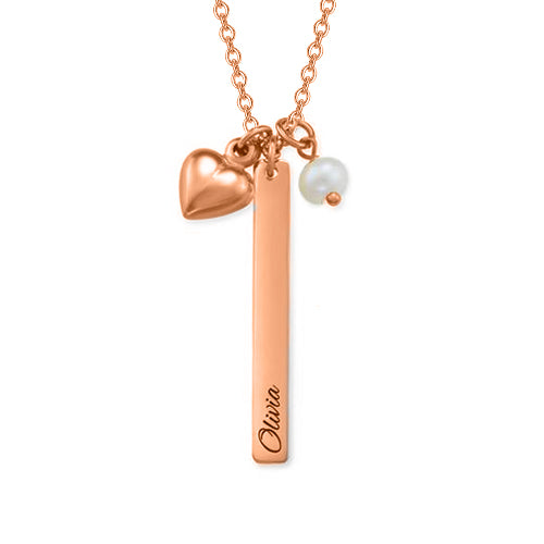 Copper/925 Sterling Silver Personalized Bar Necklace With Heart Charm And Pearl Adjustable 16”-20”