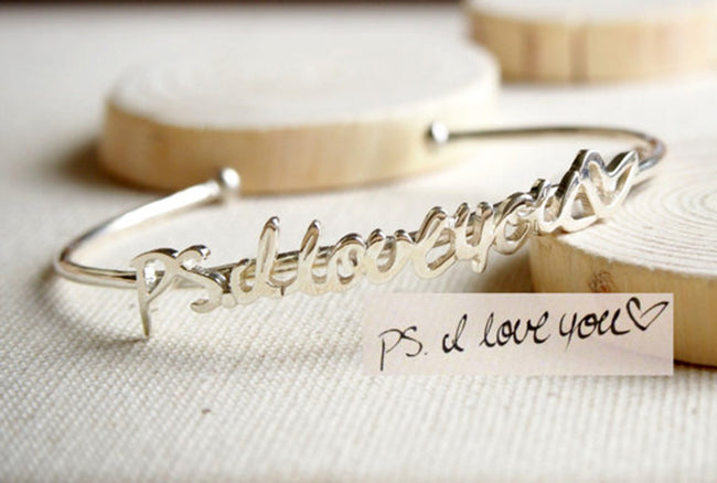 925 Sterling Silver Personalized  Handwriting Bangle Adjustable 6”-7.5”