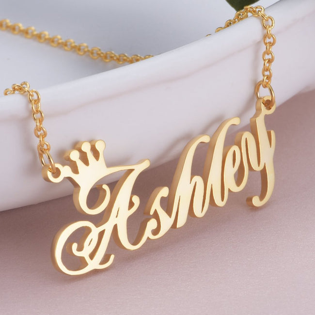 Ashley - Collar de corona con nombre personalizado de cobre/plata de ley 925 ajustable 18"-20"