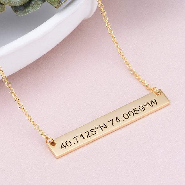 Copper/925 Sterling Silver Personalized Coordinates Bar Necklace Adjustable 16”-20”