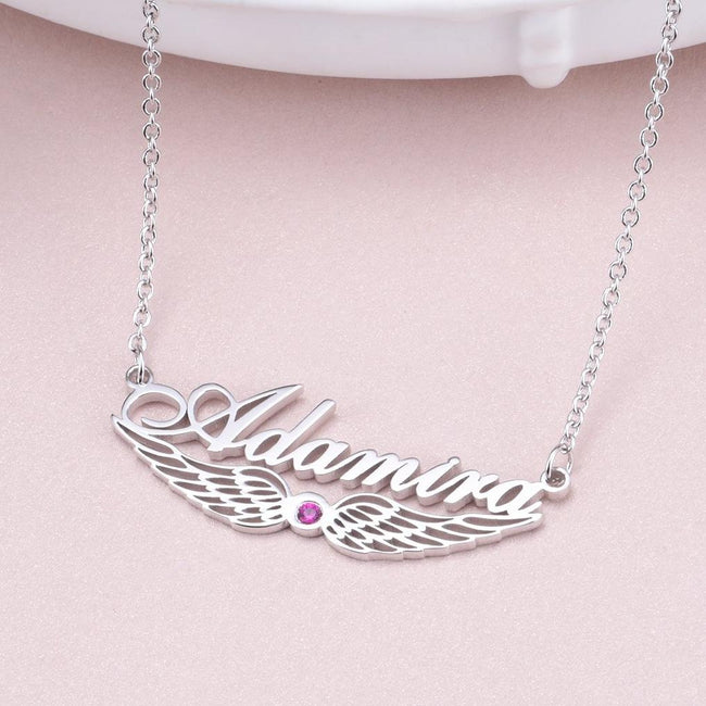 Adamira - 925 Sterling Silver/10K/14K/18K Personalized Angel Wing Crystal Name Necklace Adjustable Chain 18”-20”
