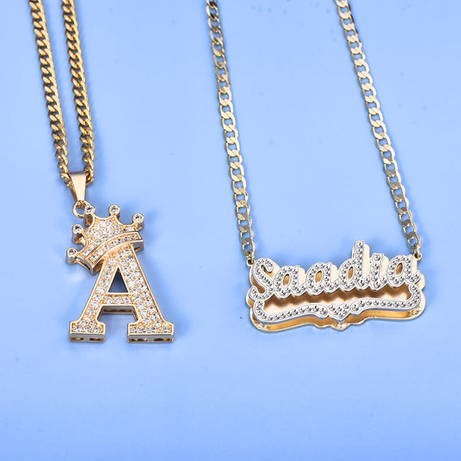 Double Layer Name Necklace with Heart and Initial Necklace with Crown Personalized Jewelry Set