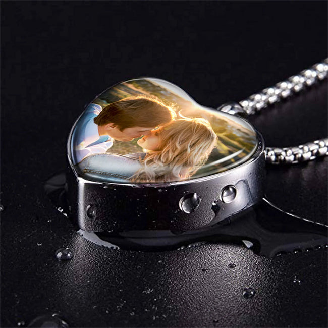 925 Silver Personalized Photo Cremation Urn Necklace for Ashes Custom Engraving Heart Pendant Memorial Keepsake Jewelry with Filling Tool