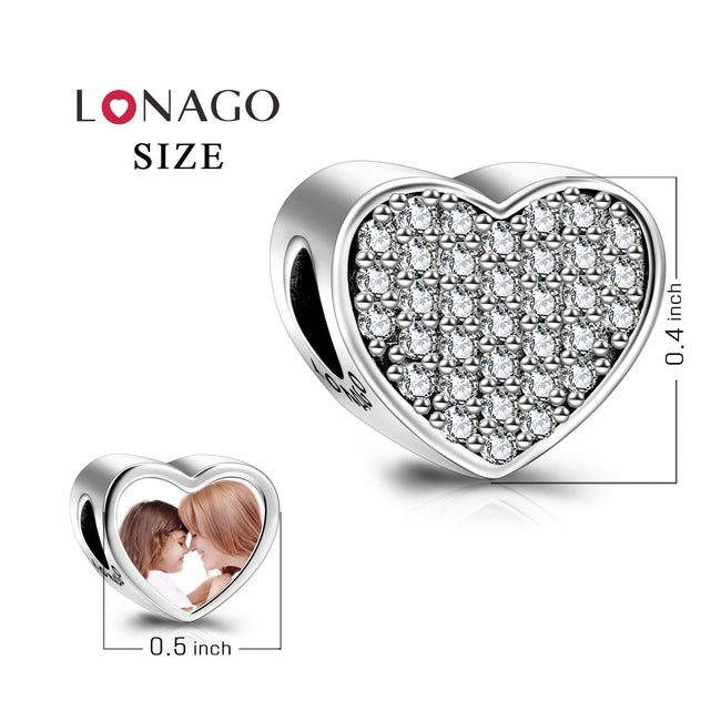 925 Sterling Silver Personalized Photo Rhinestone Love Heart Charm