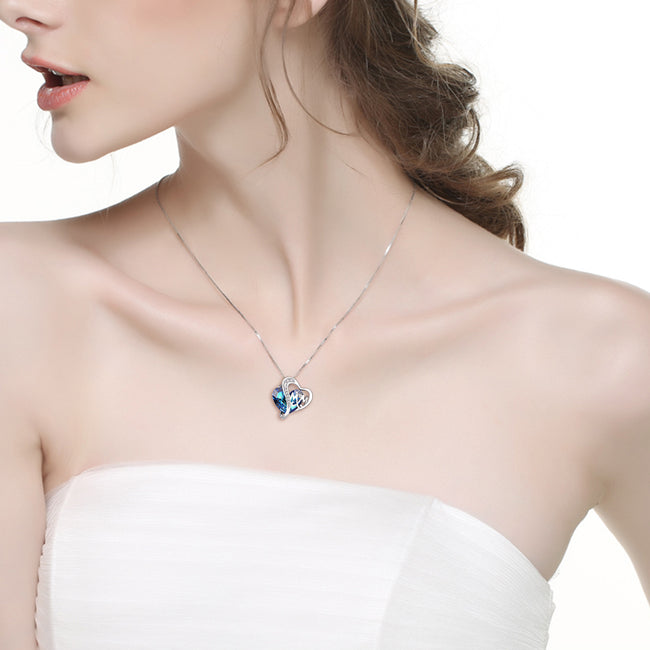 925 Sterling Silver Mom Necklace with Blue Heart Crystals