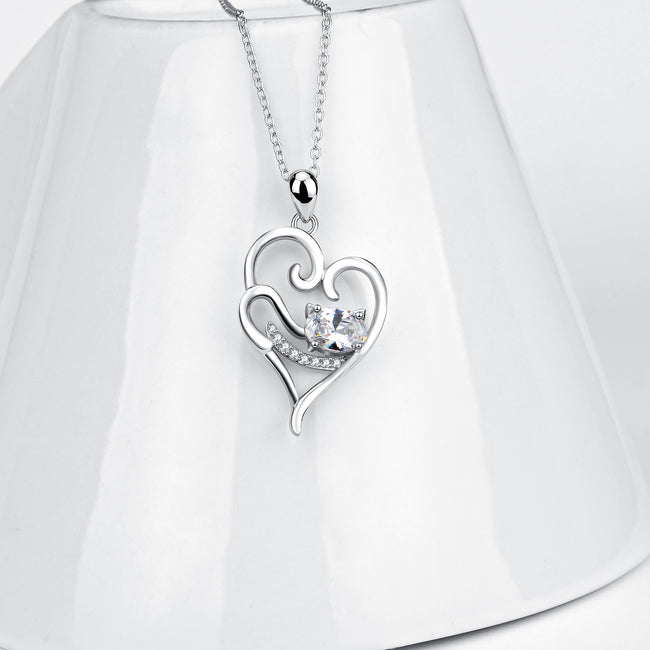 925 Sterling Silver Lovely Cat Shape Love Heart Jewelry Necklace