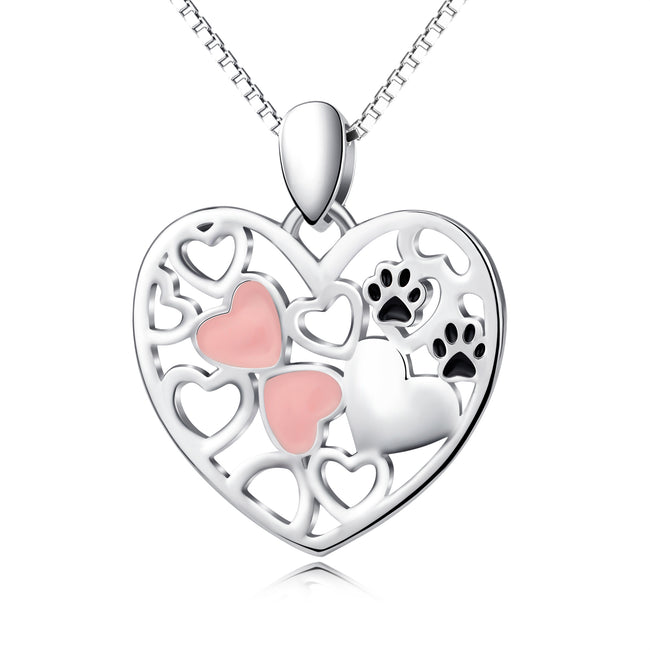925 Sterling Silver Pink Love Heart Cute Cat  Pet Claw Charm Pendant with Chain Jewelry Necklace