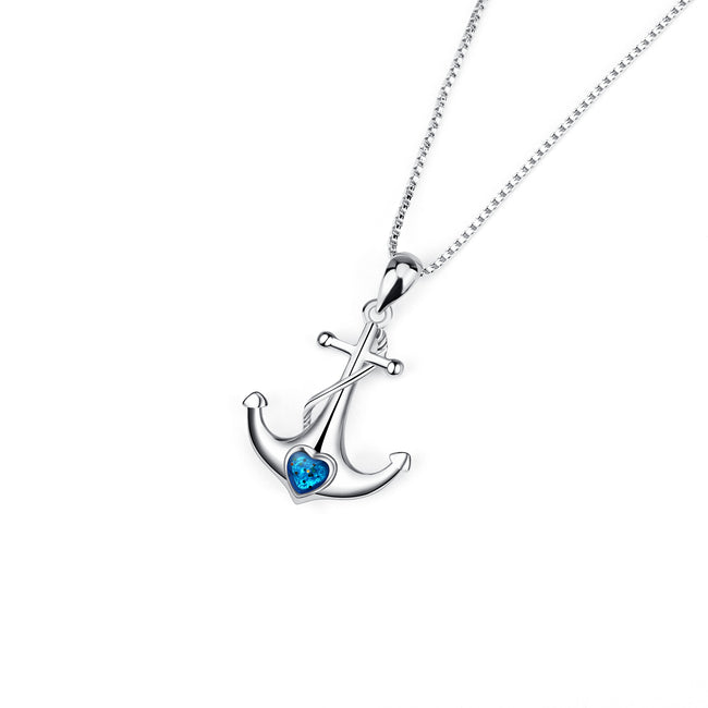 925 Sterling Silver Ship Anchor Sailors Blue Crystals Charm Pendant with Chain Jewelry Necklace
