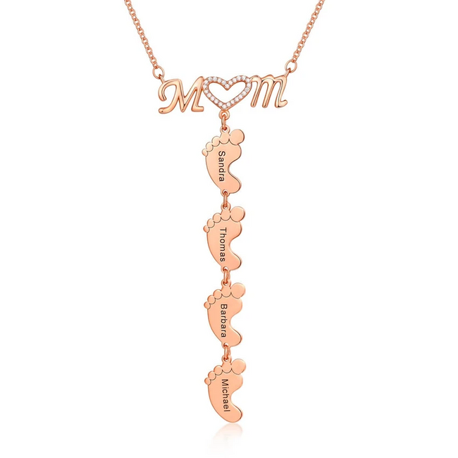 Mom and Baby Feet Personalized Custom 3 Names Necklace Gold Plated for Mother's Day