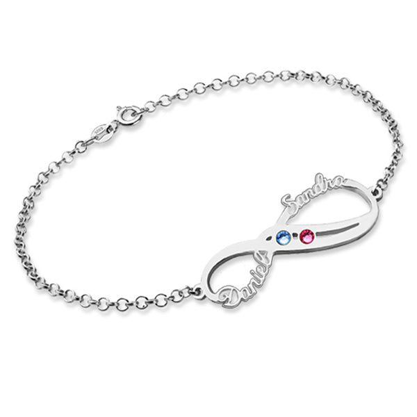925 Sterling Silver Personalized Infinity Names Bracelet with Birthstones