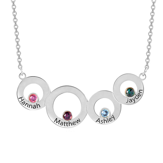 925 Sterling Silver Custom Engraved Necklace 4 Circles with Birthstone Necklace For Women