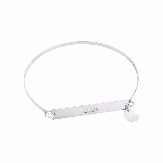 925 Sterling Silver Personalized Skinny Bar on Bangle with Heart