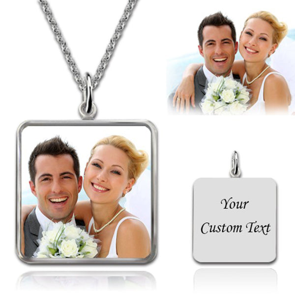 925 Sterling Silver Personalized Square Color Engraved Photo Necklace Adjustable 16”-20”