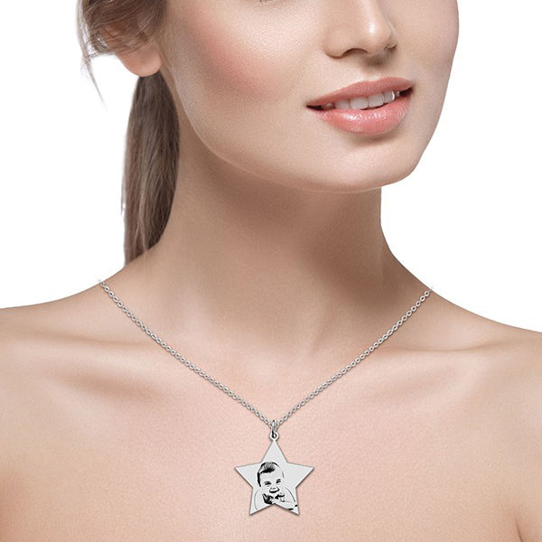 925 Sterling Silver  Personalized Pentagram Engraved Photo Necklace Adjustable 16”-20”