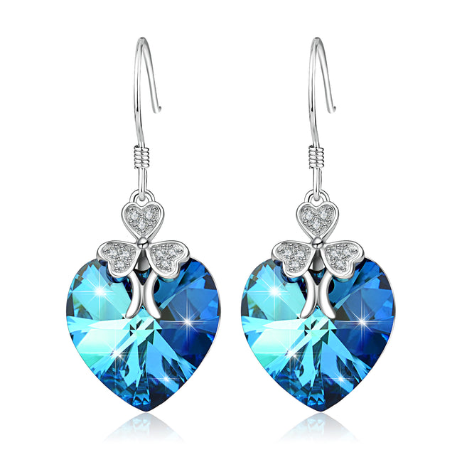 925 Sterling Silver Lucky Clover Blue Heart Crystals Drop Earrings