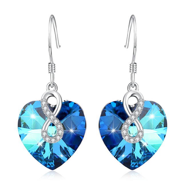 925 Sterling Silver Infinity Blue Ocean Heart Crystals Drop Earrings