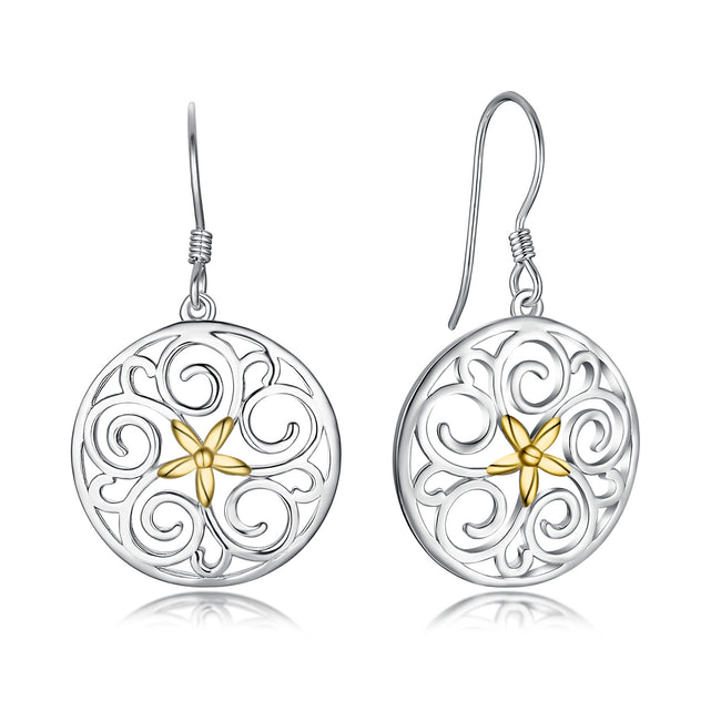 925 Sterling Silver Star Flower Pattern Round Drop Earrings