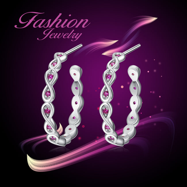 925 Sterling Silver Semicircular Dark Pink Jewels Earrings