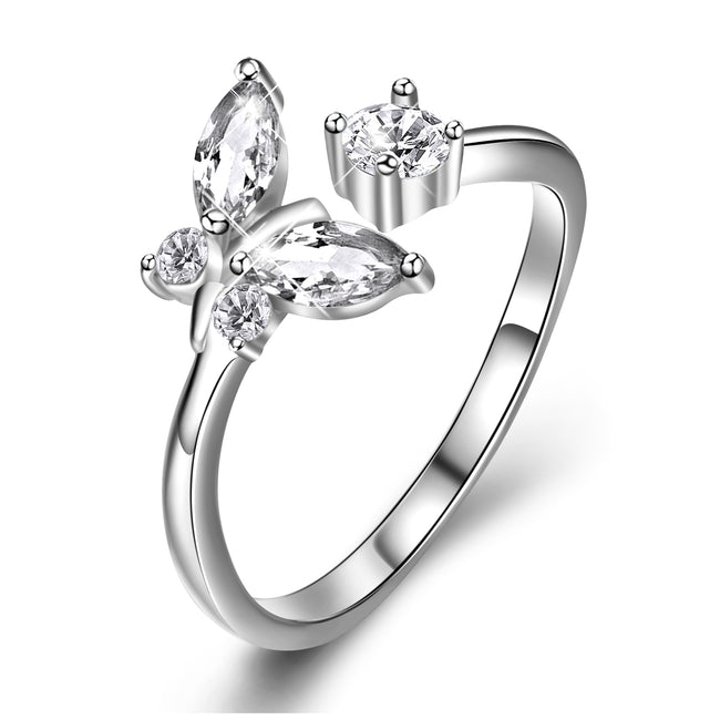 925 Sterling Silver Butterfly Crystal Charm Rings For Women Girlfriend