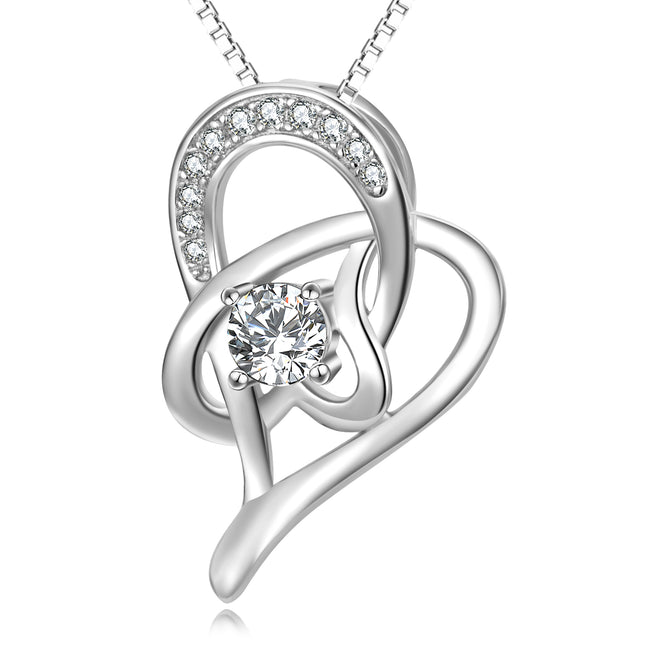 925 Sterling Silver Interlocking Irregular Love Heart Crystal Necklace