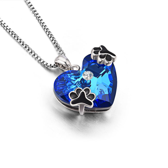 925 Sterling Silver Super Cool Dog Foot Blue Ocean Heart Crystal Necklace For Women Girlfriend