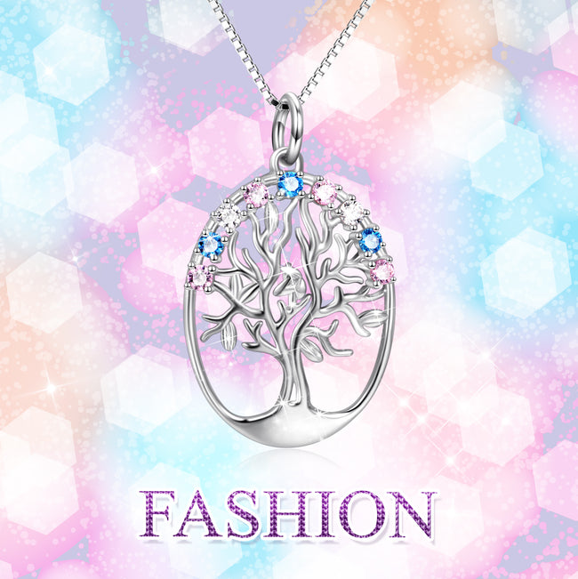 925 Sterling Silver Tree Birthstones Round Pendant Necklace