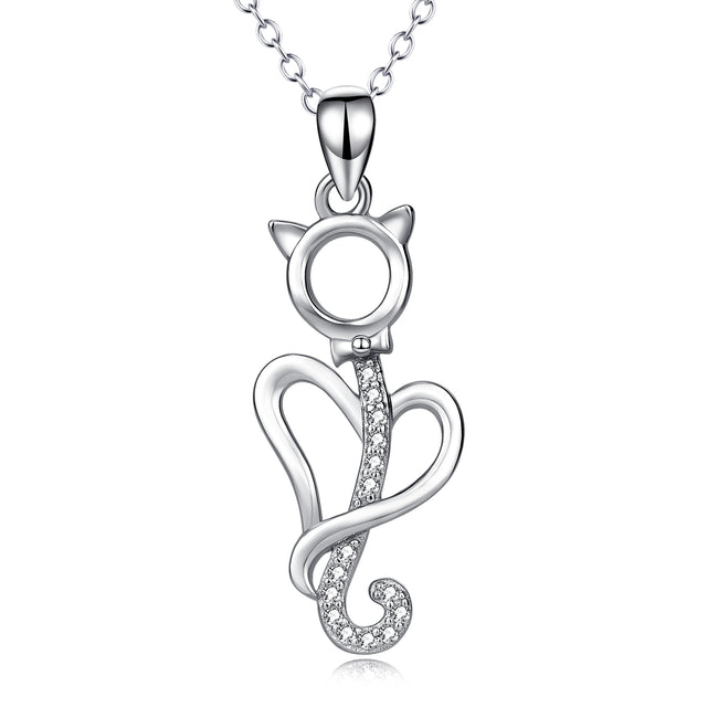 Sterling Silver Cute Cat Love Heart Jewelry Fashion Women Charm Necklace