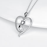 925 Sterling Silver Love Heart Lovely Cat Jewelry Necklace